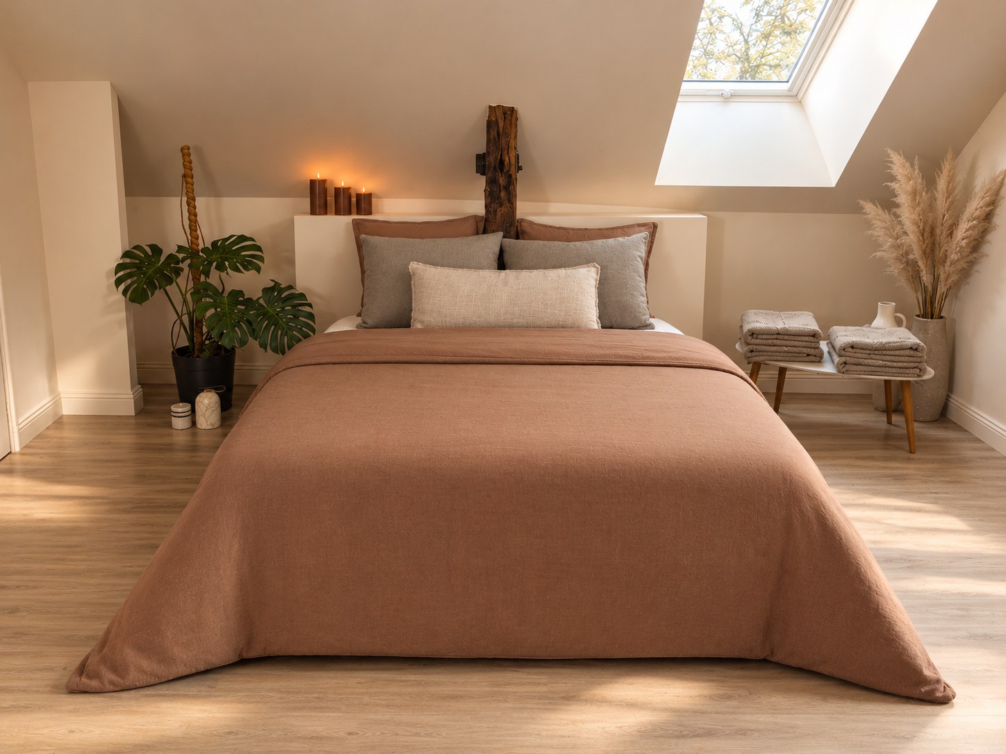 Chambre sous les toits, lit aux draps couleur terre et tête de lit en bois flotté