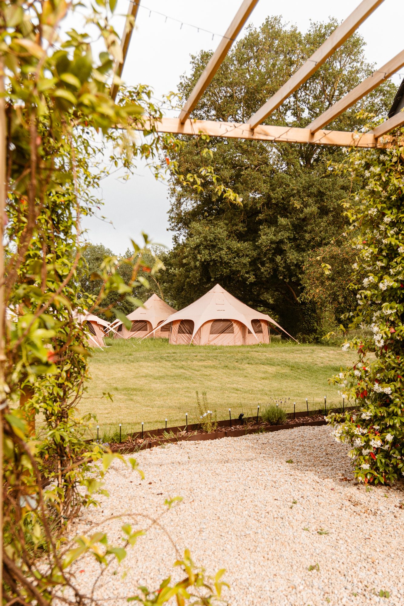 Les lodges aperçus sous la pergola fleurie